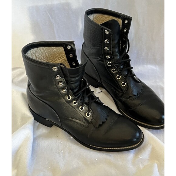 Justin Boots 506 Black Leather Lace-Up Roper Cowboy Boots with Kiltie Fringe 6D - Picture 1 of 11